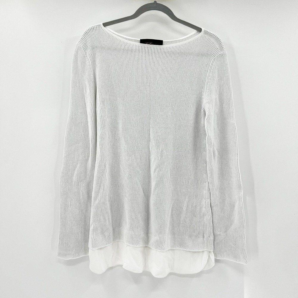 Les Copains Womens White Ribbed Knit Layered Chiffon‎ Hem Boat Neck Sweater